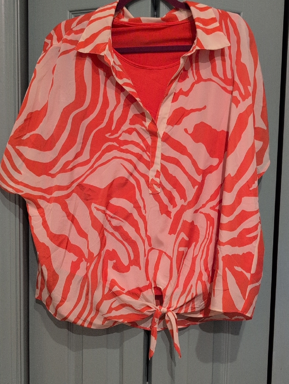 Women's Orange and White Tie-Hem Button Collar Top
